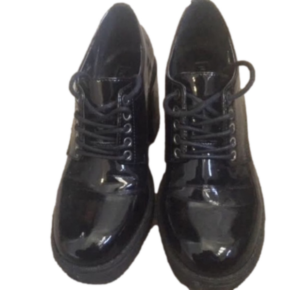 Topshop Chunky Black Patent Leather Heels platform lace up shoes Retro - Picture 2 of 5